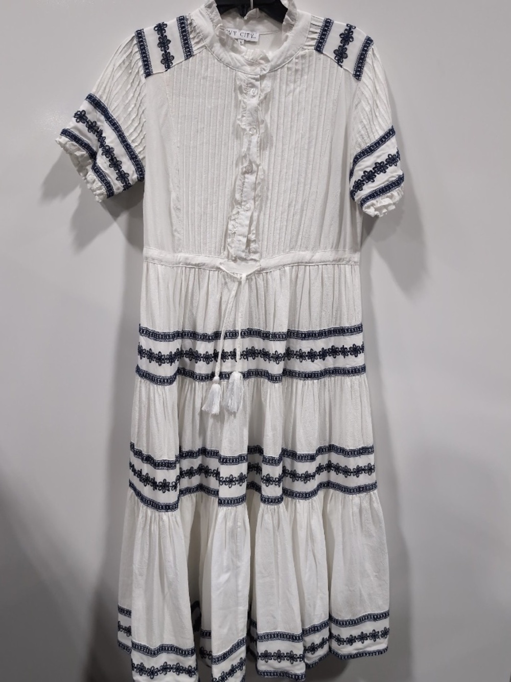 Ivy City Santorini Dress Cream Embroidered Tiered Dress with Navy Trim Size S